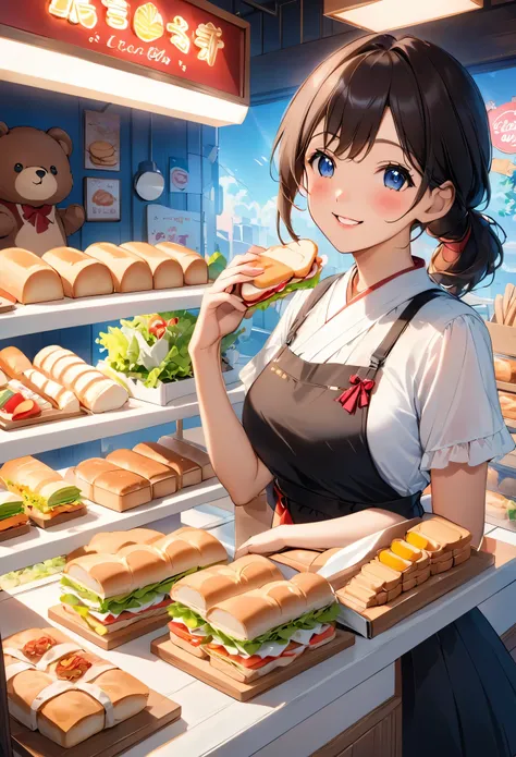 Bread店,A pretty girl,Female shop assistant,Happy smile,beautiful face,制作Sandwiches,_Give,A cute bear shop sign on the wall,小熊Bread,neon light,Bread,biscuit,Sandwiches,Salad,Bottled drinks,anime,Nice background,Depth of Field,CG unity,illustration,