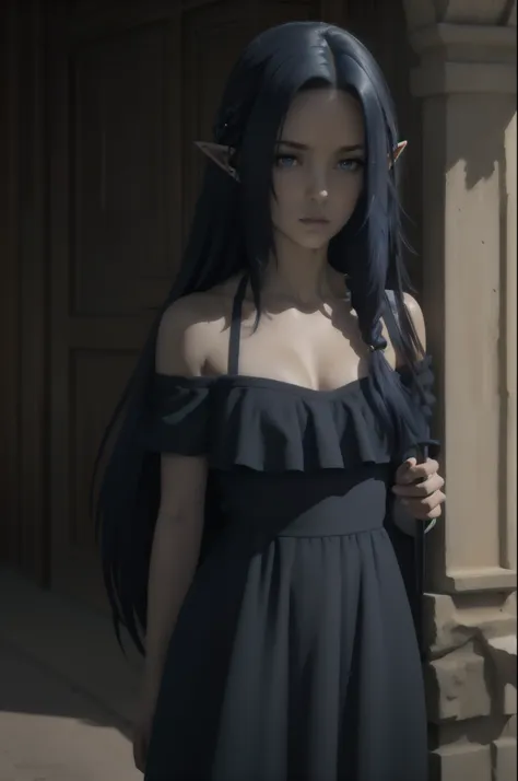 ,dark blue hair,,long hair,blue eyes,pointy ears,elf,(((dress)))