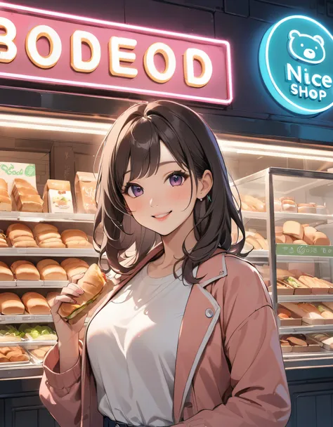 Bread店，A pretty girl，Female shop assistant，Happy smile，beautiful face，制作Sandwiches，_Give，A cute bear shop sign on the wall，小熊Bread，neon light，Bread，biscuit，Sandwiches，Salad，Bottled drinks，anime，Nice background，Depth of Field，CG unity，illustration，