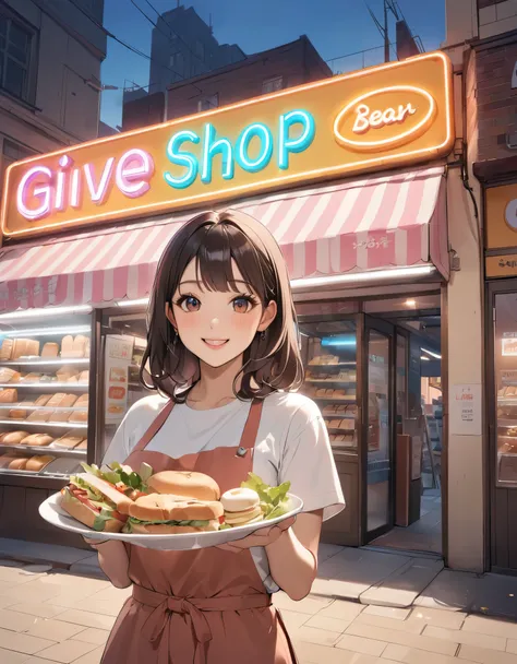 Bread店,A pretty girl,Female shop assistant,Happy smile,beautiful face,制作Sandwiches,_Give,A cute bear shop sign on the wall,小熊Bread,neon light,Bread,biscuit,Sandwiches,Salad,Bottled drinks,anime,Nice background,Depth of Field,CG unity,illustration,