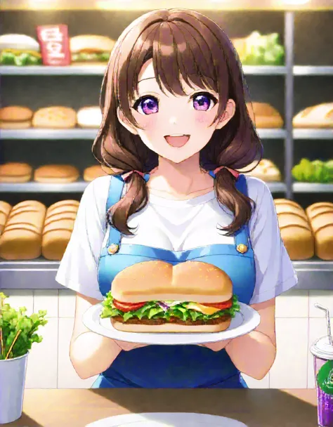 Bread店,A pretty girl,Female shop assistant,Happy smile,beautiful face,制作Sandwiches,_Give,A cute bear shop sign on the wall,小熊Bread,neon light,Bread,biscuit,Sandwiches,Salad,Bottled drinks,anime,Nice background,Depth of Field,CG unity,illustration,