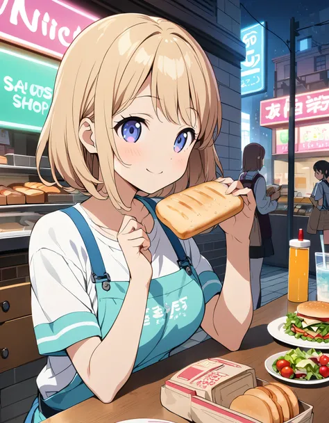 Bread店,A pretty girl,Female shop assistant,Happy smile,beautiful face,制作Sandwiches,_Give,A cute bear shop sign on the wall,小熊Bread,neon light,Bread,biscuit,Sandwiches,Salad,Bottled drinks,anime,Nice background,Depth of Field,CG unity,illustration,