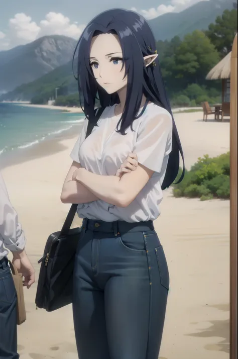 ,dark blue hair,,long hair,blue eyes,pointy ears,elf,(((white shirt,jeans,clavage))),on the beach
