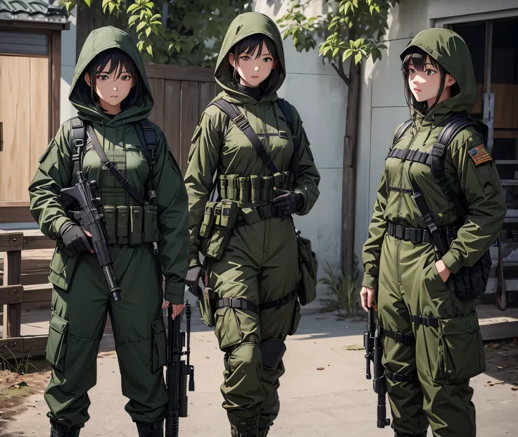 First-person shot、A group of female soldiers whose clothes are not tucked into their pants、Standing in the same position、Wearing dark green M-51 hooded military uniform、Hooded on head、Dark green military pants，Wearing a magazine pouch、Tactical harness、Knee...