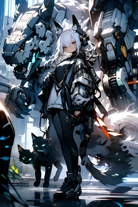 Mechanical cat ears，High-tech headphones，White hair，