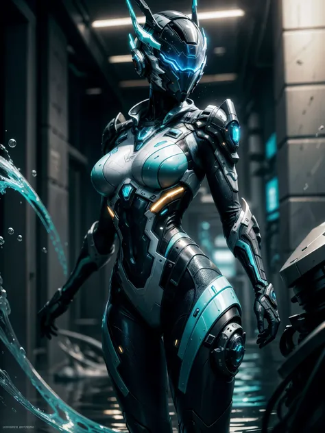 futuristic, Warframe, character design, water-inspired, fluid, sleek, metallic, aquamarine color scheme, rippling textures, biomechanical elements, glowing accents, intricate details, dynamic pose, underwater environment, bubbles, reflections, high-tech, c...