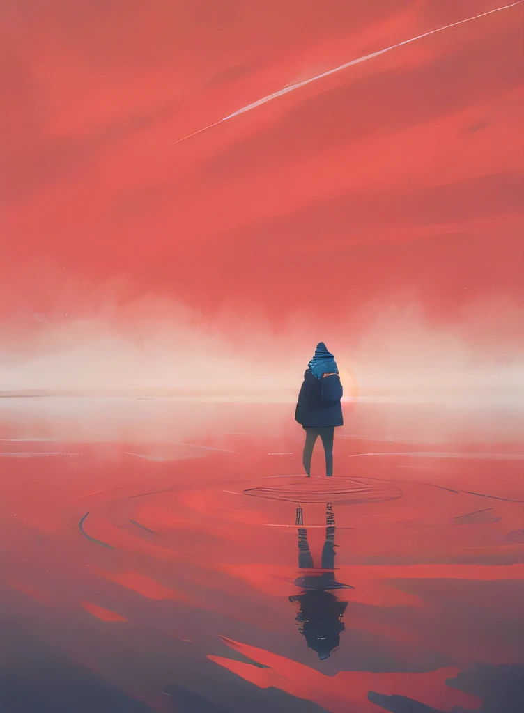 drawing a mysterious place,empty red sky, red lake，reflection of a person standing on the water，lots of white space