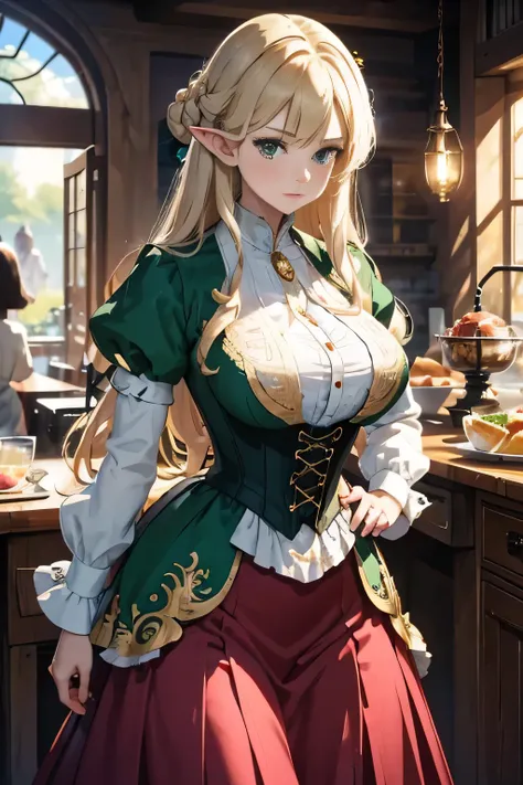 Sophisticated elf woman, steampunk, dress , in a country manor, muted colors, sephia filter, mature, well endowed bust, Victorian era, detailed eyes, well bred, refined lady in waiting, bare headed, long blond hair, emerald green eyes , long full length sk...