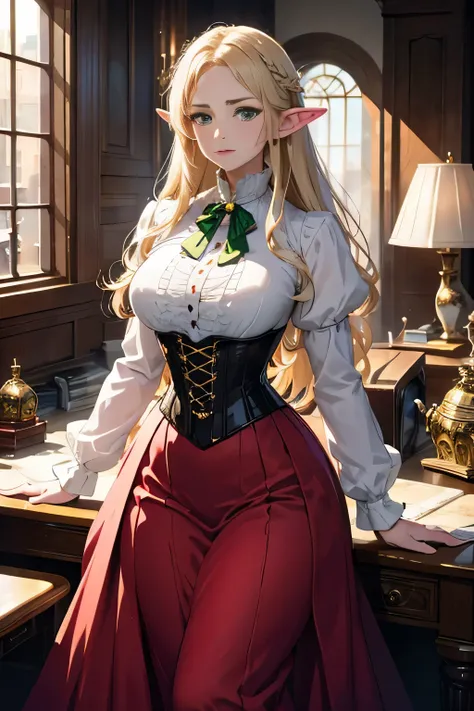 Sophisticated elf woman, steampunk, dress , in a country manor, muted colors, sephia filter, mature, well endowed bust, Victorian era, detailed eyes, well bred, refined lady in waiting, bare headed, long blond hair, emerald green eyes , long full length sk...