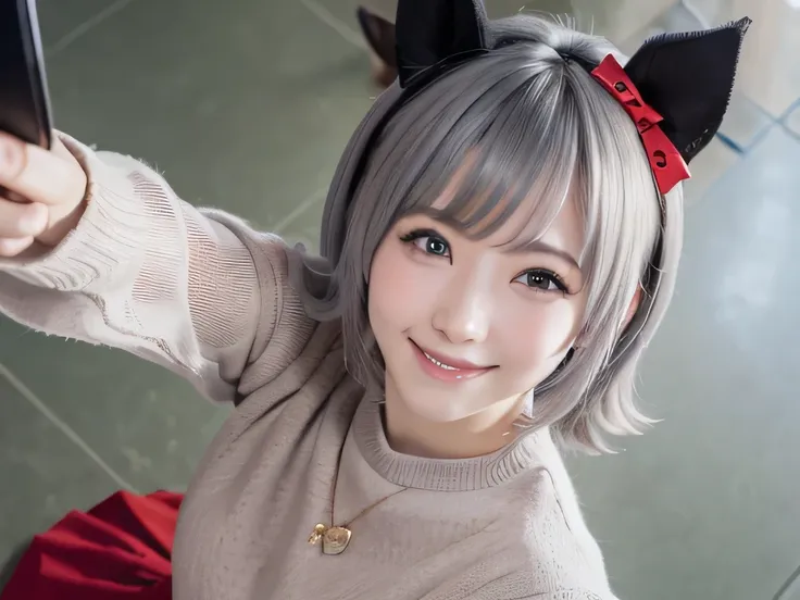 Prompt: Graffiti, beautiful illustration, best quality, cute petit girl, solo, (transform sequence), from below, upper body, (evil smile:1.5), hair over bath eyes,1girl, (solo:1.5), curren chan,(everyday wear , red skirt, sweater, gray hair, black fake ani...