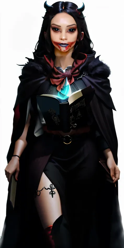 puffy woman with a red bandana appearing from behind a book, reading an evil demonic book, horrible and scary satanic rituals, casting an evil spell, casting evil spell, segurando um escudo de Pentagrama, holding spell book, insanity girl summons her death...