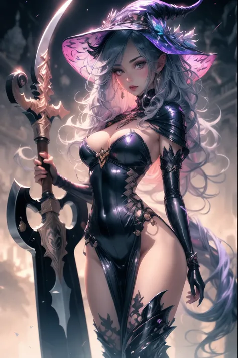 CLOSE UP OF A  woman in a witch costume holding a large axe, nude, big , fashionable dark witch, dark witch character, astral witch clothes, fantasy art style, dark witch, anime fantasy illustration, beautiful ancient frost witch, beautiful celestial mage,...