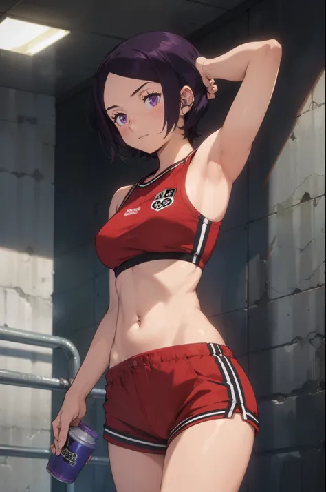 (masterpiece, best quality;1.2), nsfw, World trigger style, kitora ai, (1girl, solo), looking at viewer, (short hair, forehead), purple eyes, (embarrassed, blush), (red sports bra, emblem), (midriff, navel), red short shorts, (arm pit, touch own head)