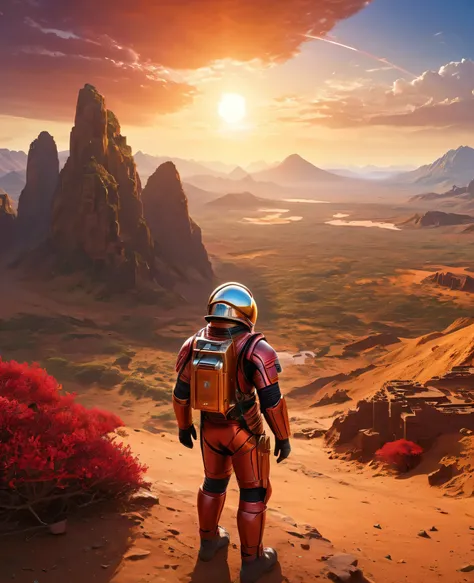 (best quality,4K,high resolution,masterpiece:1.2),Extremely detailed,Practical,photoPractical:1.37,portrait,Science Fiction,Helmet reflexes,Ancient ruins,Explorer Lake Reflection,Golden sunrise,Red Planet,Space suit,Dense vegetation,Distant Mountains,crims...