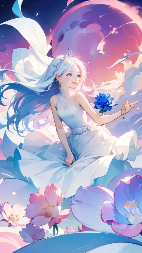 An 25 year old girl is wearing a blue rose, long hair, white sleeveless dress, holding a pink rose. Smelling the fragrance of the flower, bright fantasy, surrealism, Michael Cormac, pink, monochromatic tranquility, bright atmosphere, sunshine, happiness, h...