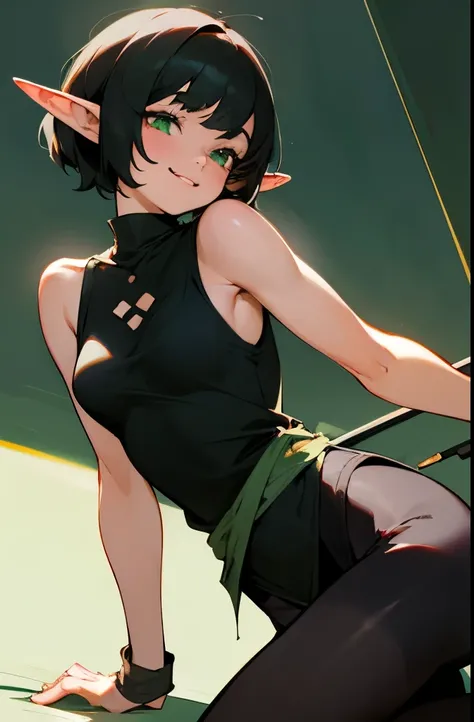 Best quality,high detail,masterpiece,1 woman,black short hair,green eyes,Elf,Black Tights, black tank top ,needle, smiling brightly