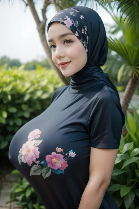 Jumbo (Dress), Chubby adorable, 1 girl, (face to face), 10 years old, baby face, happy, half body portrait, (face details: 1), (eye details: 1), ((big breasts)). wearing transparent transparency soft long shirt, hijab, .. Cute posed. proportional body. Ult...