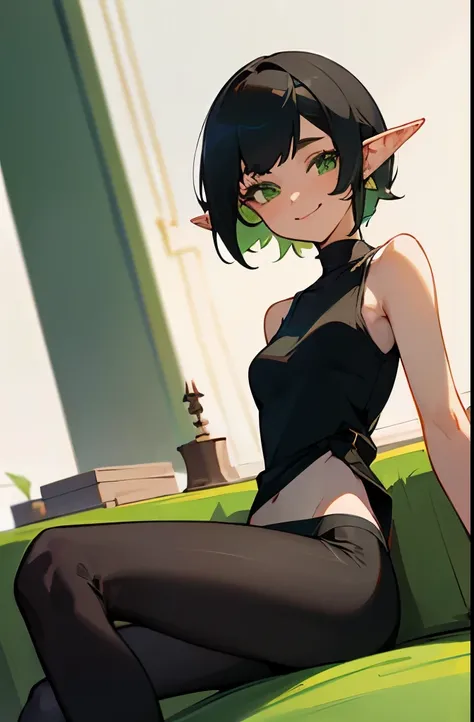 Best quality,high detail,masterpiece,1 woman,black short hair,green eyes,Elf,Black Tights, black tank top ,needle, smiling brightly