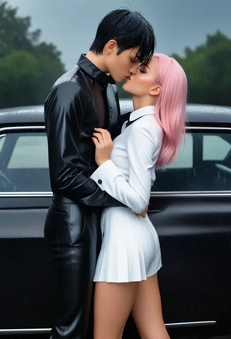 Masterpiece, Best Quality, Super detailed, illustartion, beautiful detail eyes, close up, with a boy and a girl. It was pink hair, White pleated shirt, cracked button on the chest, Upskirt. The boy has black hair, black catsuit, Black pants. Boys and girls...