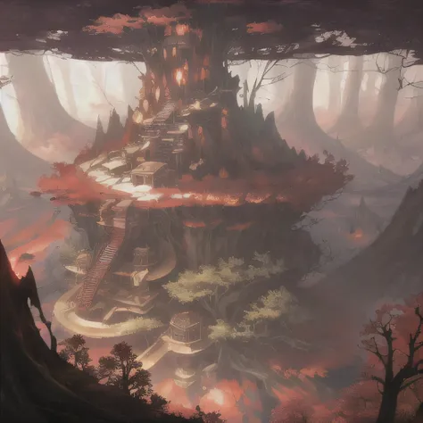 otherworldly landscape, reddish vegetation, clearing in the middle of a forest and light coming in from above, spaceship lowering in the middle of a forest