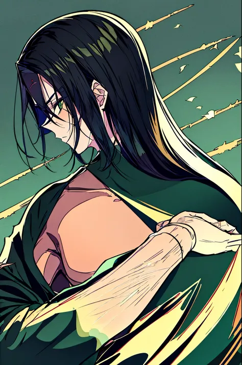 man, in a black kimono, green eyes, dark green hair, Slicked back hair, muscular, swordsman, with a katana, with green haori, scars everywhere, high, full length.