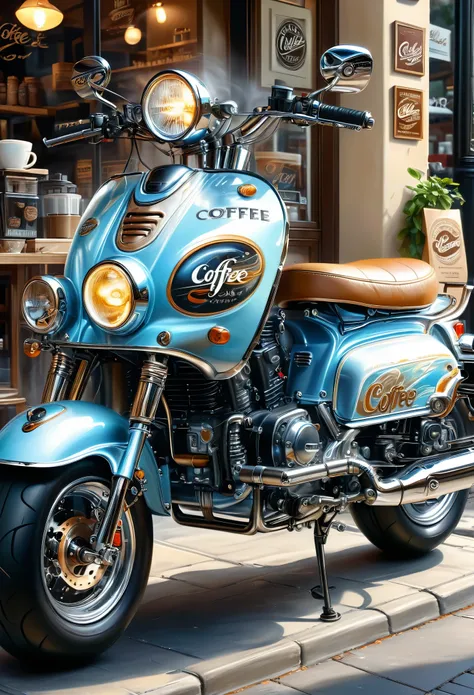 ( Perfect anatomical structure )masterpiece, Exquisite and detailed, fresh and elegant aesthetic style, airbrush digital oil painting, exquisite artwork, creating a fresh morning coffee shop scene photo,Electric motorcycle(Novel style,Unique)Close-up motor...