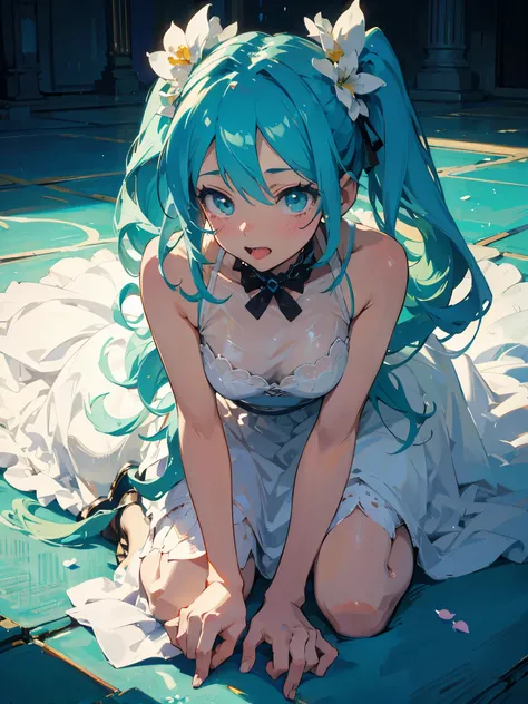 hatsune miku, wearing a marriage dress, on all fours, showing the tongue