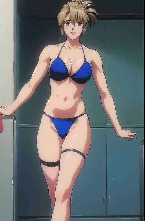 masterpiece, best quality, looking at viewer, (upper body:1.7), medium height, ultra detailed, (on-shoulders:1.5), (little biceps:1.25), (black hair), (smile:1.5), folded ponytail, locker room, bright image, (blue bikini:1.5), hot colors, (leg strap:1.5), ...