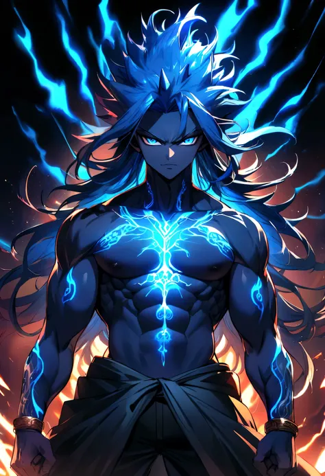 Teenage boy, spiky hair, long hair, bright blue hair, shining blue eyes, serious face, Simple smile, dark blue skin, muscular chest, tattoos on the body, intense electric aura