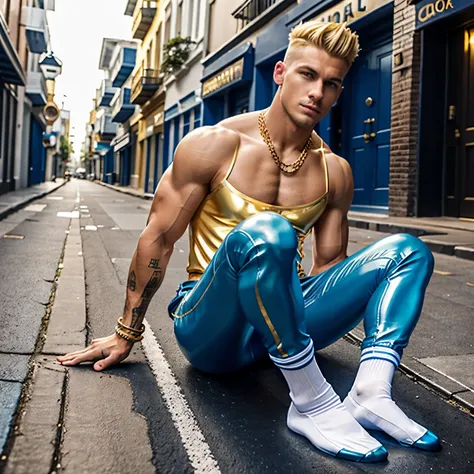 full view full body, sexy over-muscular and over-bodybuilded male Denimon with long blue and gold horns blond preppy undercut clean haircut, , in shiny blue rubber suit and white socks, shoes off, no shoes, lots of golden rings and necklaces and bracelets,...