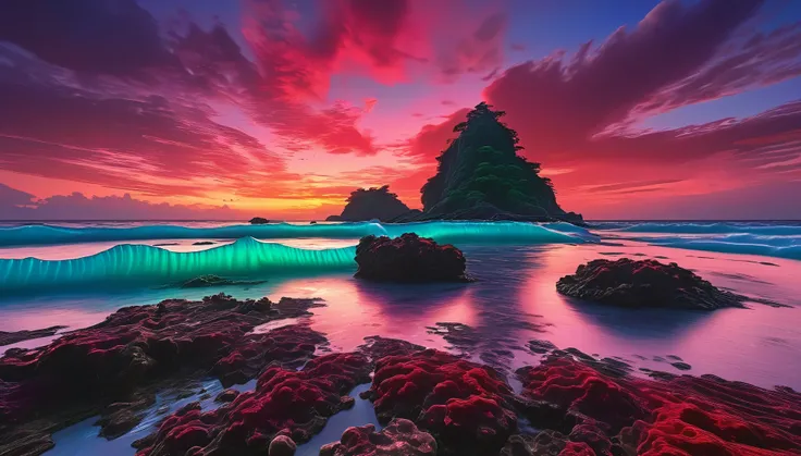 Vermilion Tides A vast, crimson sea, shimmering with bioluminescent algae under a perpetual twilight sky, its waves crash against ancient stone archipelagos, revealing hidden caves and coral reefs teeming with vibrant, alien life.