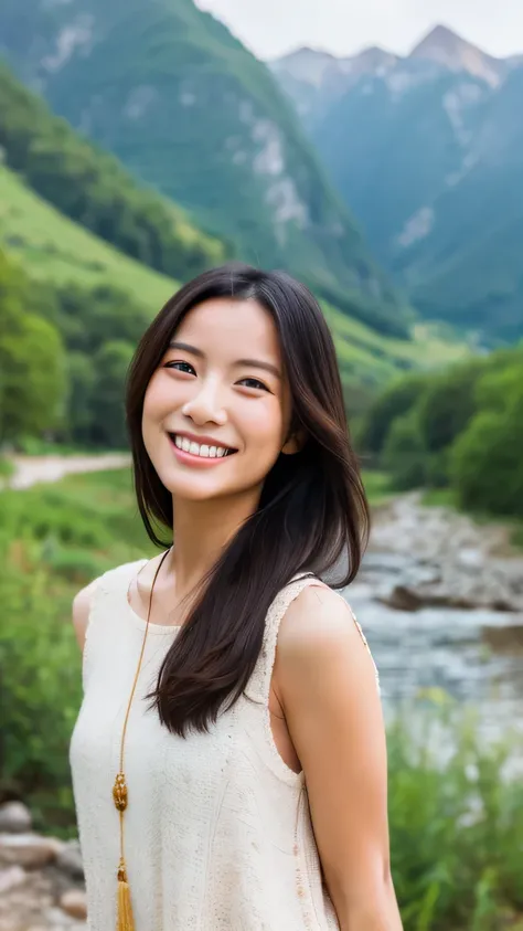 Beautiful Asian woman smiling calmly in nature: Mountains and rivers、Please draw a woman smiling with a relaxed expression in a natural setting such as a forest.。