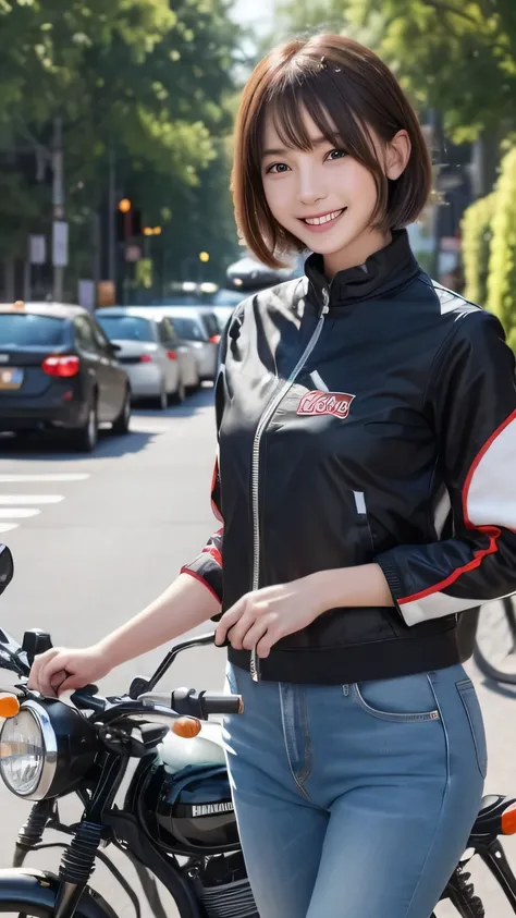  , Best picture quality (8K, high resolution, Masterpiece: 1.2), super detailed,  215 Short Hair, 16-year-old woman, 


situation: A scene of motorbike touring。
clothing: each々Jackets to suit your riding style、jeans、boots、Helmet。
angle:
Close-up: mortorBik...