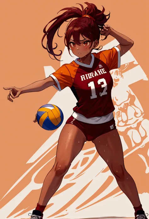 ((best quality)), ((masterpiece)), (detailed), 1girl with tan orange skin and maroon ponytail hair, sweaty wet shirt, varsity volleyball player, blank gray background, standing attack pose, holding volleyball, full body, wearing rubber shoes