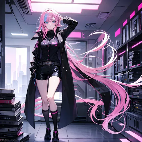 Cyberpunk, Girl, 1girl, Beautiful lady in office black shirt with buttons and shorts, office like longer pink coat, long pink hair, Multi-colored hair, multi-colored eyes, heterochromia, tall, thin, beautiful lady, perfect body, slim, blueeyes, office suit...