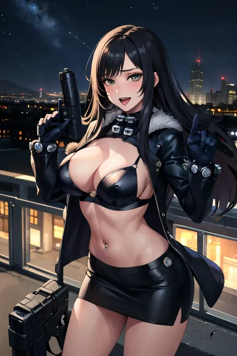 shimohira reika, black hair,
blush, lipstick, long hair, crazy eyes ,outdoors, rooftop, cityscape, building, railing, night, night sky, scenery, city lights, fur trim, mature female, gloves, fur-trimmed coat ,masterpiece, best quality, highly detailed, a g...