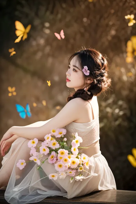 there is a woman sitting on a bench with a bouquet of flowers, photo taken with nikon d750, photo taken with nikon d 7 5 0, 8k artistic portrait photography, ethereal beauty, portrait shot, by Ye Xin, with flowers, by Yang J, by Leng Mei, fantasy photoshoo...