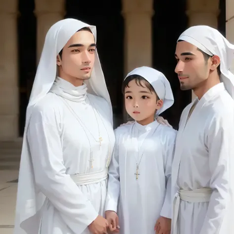 arafed family dressed in white standing in front of a building, religious robes, wearing white cloths, dressed in white robes, wearing white robes, wearing white clothes, dressed thobe, flowing white robes, white robes, nun fashion model, husband wife and ...