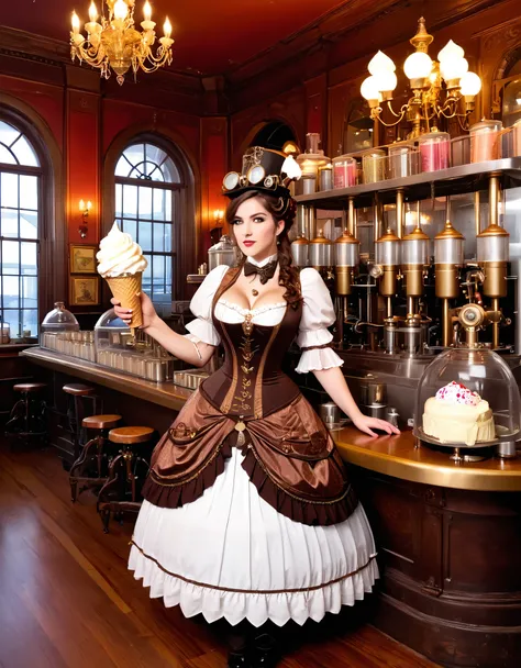 A steampunk girl with gear-adorned dress and mechanical ice cream makers, in a Victorian dessert parlor.