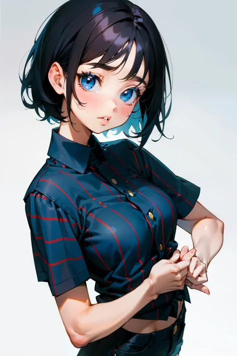 Cute girl, short black hair, blue eyes, rosy cheeks, big lips, blue shirt with soft black stripes with short sleeves, short pants, big breasts 