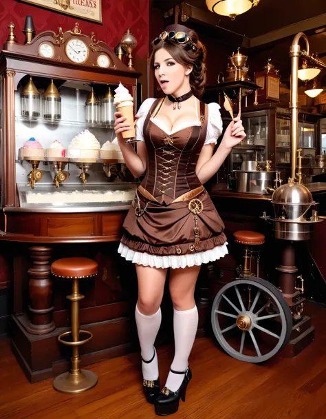 A steampunk girl with gear-adorned dress and mechanical ice cream makers, in a Victorian dessert parlor.