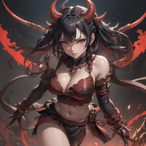  masterpiece, (textured skin), best quality, gorgeous beautiful girl, (a female oni), japanese devil,detailed clothes,large breasts,narrow waist,, (beautiful face), cinematic lighting, (fantasy anime art ),