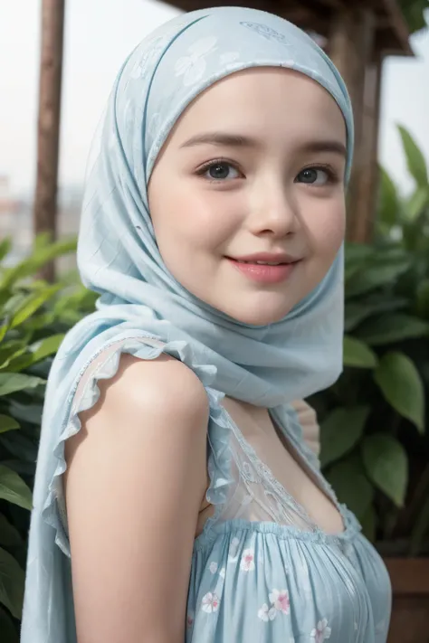 Jumbo (Dress), Chubby adorable, 1 girl, (face to face), 10 years old, baby face, happy, half body portrait, (face details: 1), (eye details: 1), ((big breasts)). wearing transparent transparency soft long shirt, hijab, .. Cute posed. proportional body. Ult...