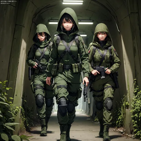 tunnel、Five female soldiers patrolling with guns、Wearing dark green M-51 hooded military uniform、Hooded on head、Dark green military pants，Wearing a magazine pouch、Tactical harness、Knee pads、best quality、Highly detailed CG、8K picture quality