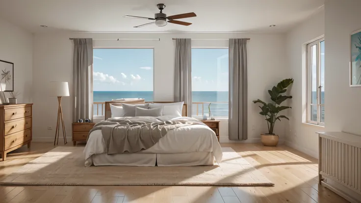 Home mockup, simple cozy Coastal bedroom interior background, 3d render