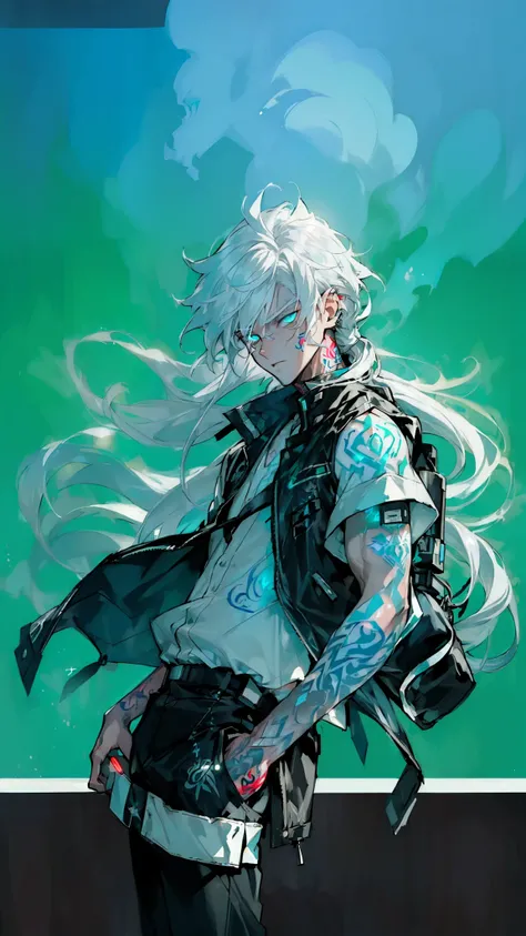 ((A boy with flowing white hair and glowing tattoos):1.5), ((wearing a techwear outfit with integrated circuitry)). Solid green background, cyberpunk, side shot, leaning pose, dramatic lighting, abasterpiece)), ((best quality)), ultra detailed,((illustrati...