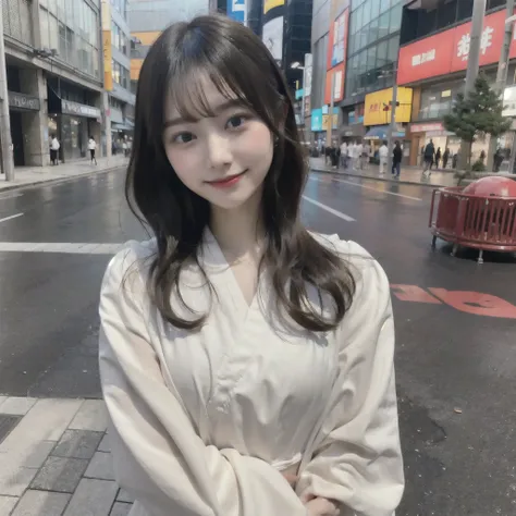 a full body Photo of a Japanese Girl on the Street in Summer. She is 24 years old as known as a member of Japanese Idol Nogizaka46 is smiling faintly. (Documentary photo Style, Digital Photo Medium, Natural Lighting, High Angle)