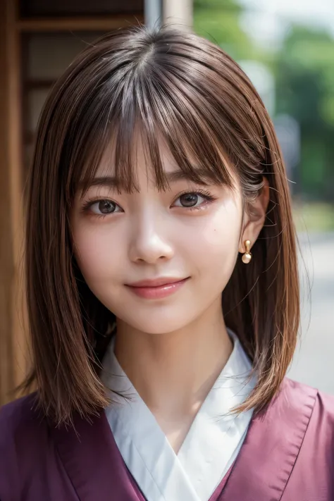 Upper Body、Beauty、Well-formed face、Wearing a Japanese kimono、20-year-old、Uniform eyes、Small face、, light brown hair, hair over shoulder, parted bangs, straight hair, expressive hair, shiny hair, earrings, seductive smile, kanzashi, nihongami, Surrealism, c...