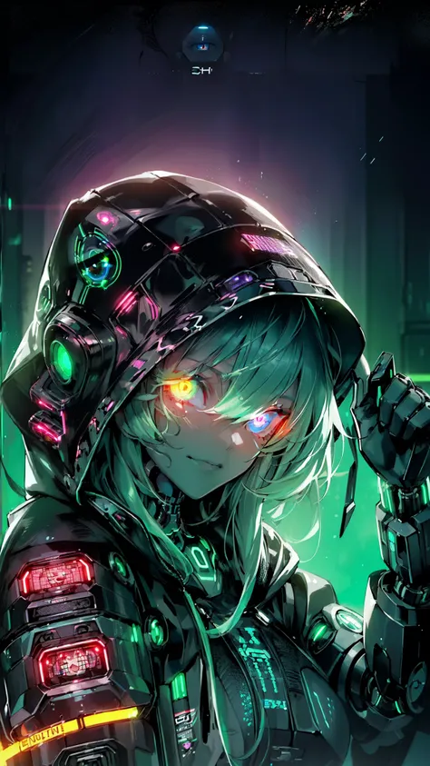 ((A girl with glowing cybernetic eyes peering through a dark hood):1.5), ((their techwear outfit adorned with holographic advertisements)). Solid green background, cyberpunk, side shot, looking down pose, neon lighting, cinematic, abasterpiece)), ((best qu...