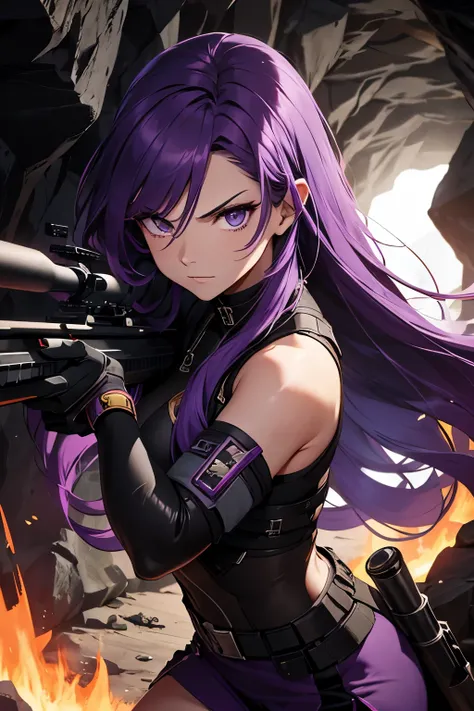 Mercenary woman, long purple hair, angry, aiming with a sniper, inside a dark cave, with lava around her, without sky, focus on her face.